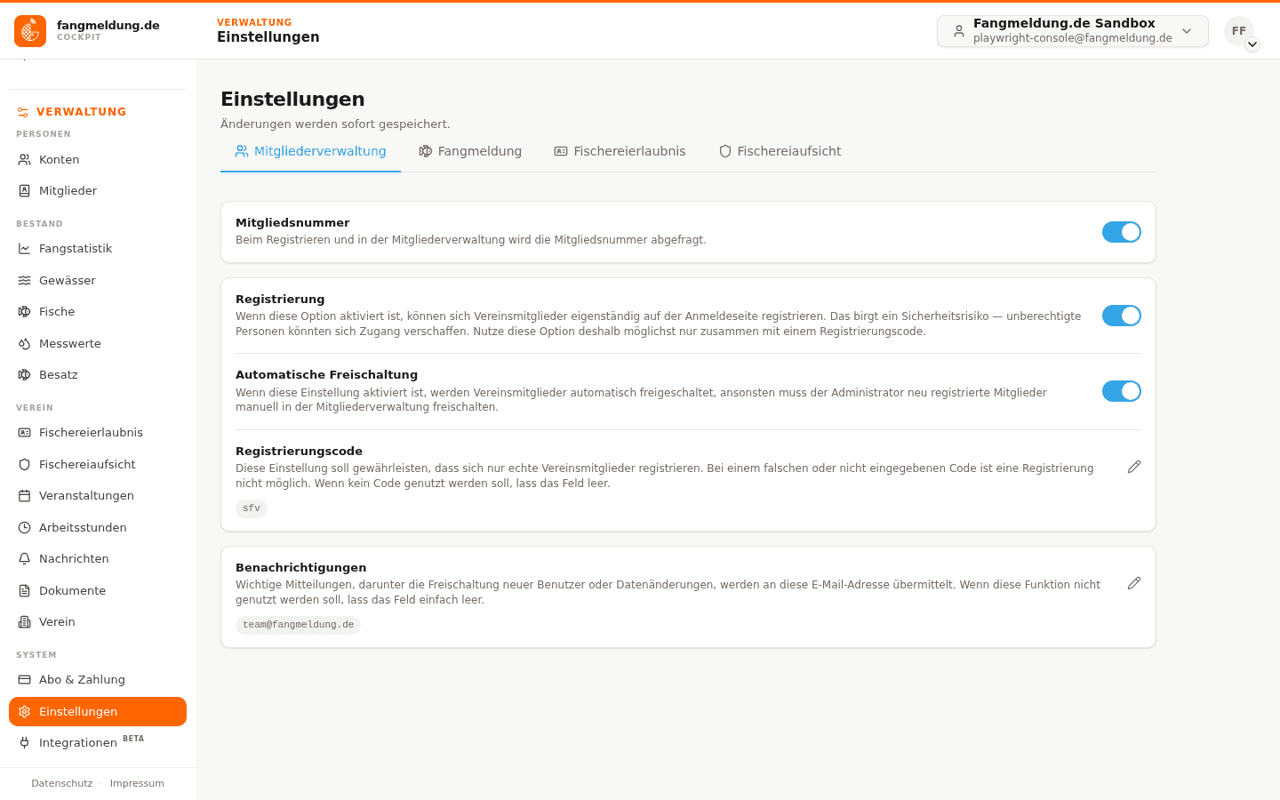 Verein, Abo und Einstellungen.