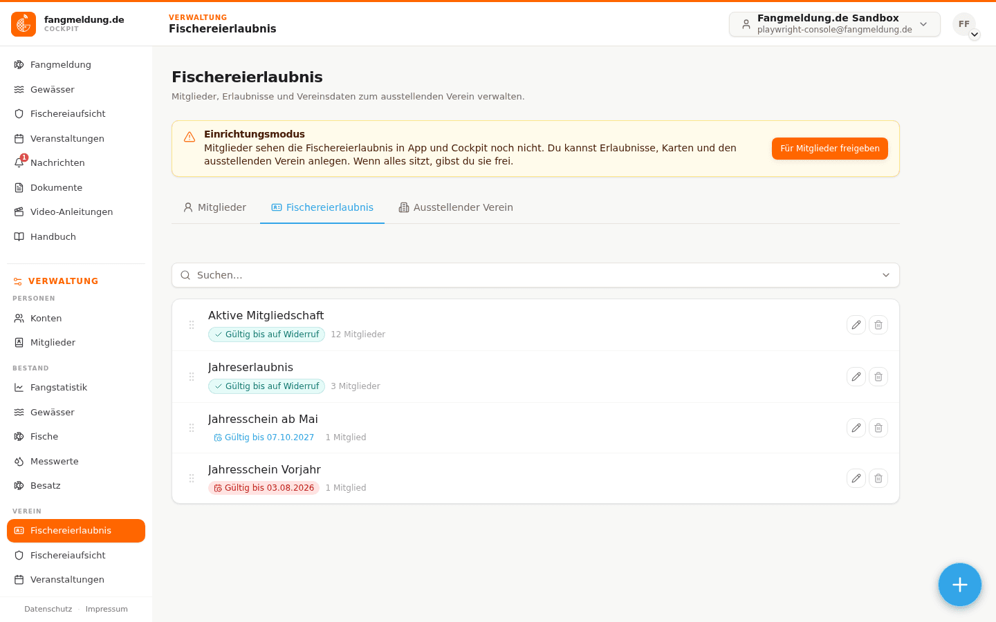 Fischereierlaubnis ausgeben.