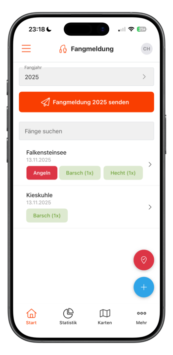 Digitales Fangbuch - Übersicht aller Angeltage mit Fangerfassung